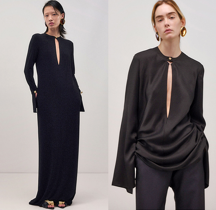 Brandon Maxwell 2025 Pre-Fall Autumn Womens Lookbook - Denim Jeans Motorcycle Biker Jacket Pockets Cinch Clip Pleats Clipped Wrinkles Sheer Blouse Skirt Midi Skirt Stripes Pinstripe Knit Sweater Jumper Turtleneck Noodle Strap One Shoulder Blazer Pantsuit Gradient Draped Neck Maxi Dress Slit Front Banded Collar