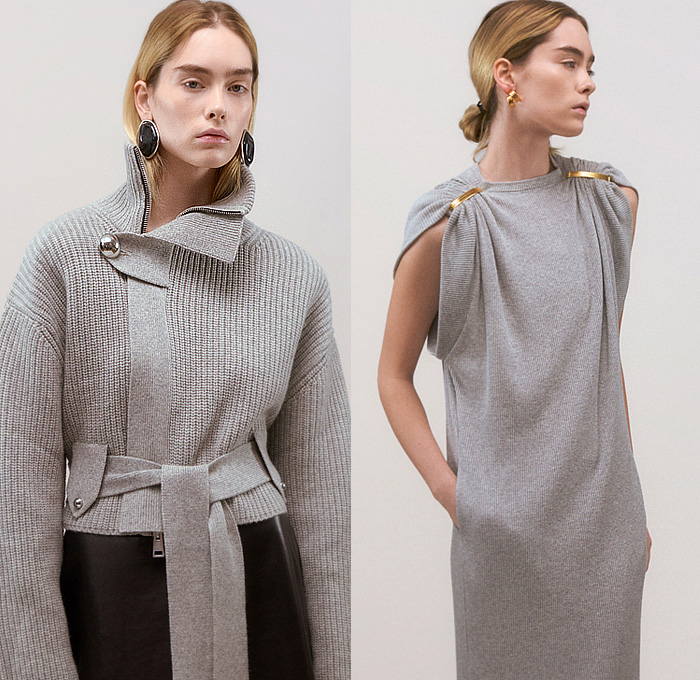 Brandon Maxwell 2025 Pre-Fall Autumn Womens Lookbook - Denim Jeans Motorcycle Biker Jacket Pockets Cinch Clip Pleats Clipped Wrinkles Sheer Blouse Skirt Midi Skirt Stripes Pinstripe Knit Sweater Jumper Turtleneck Noodle Strap One Shoulder Blazer Pantsuit Gradient Draped Neck Maxi Dress Slit Front Banded Collar