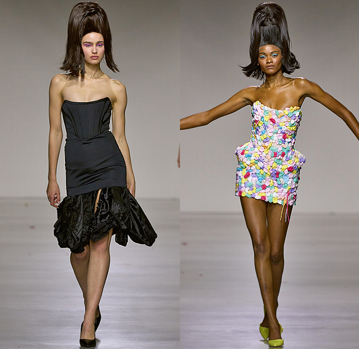 Christian Cowan 2025-2026 Fall Autumn Winter Womens Runway Collection - New York Fashion Week NYFW -  Strapless Dress Lingerie Intimates Sleepwear Panties Gum Bras Pillow Polka Dots Spots Sketches Blazer Jacket Shorts Culottes Pumps Heels Metallic Bralette Lace Embroidery Leather Fur Poufy Puff Ball Balloon Sleeves Sculpture Holes Leaves Cape Sheer Tulle Ostrich Feathers Vintage Hairdo Retro Bun