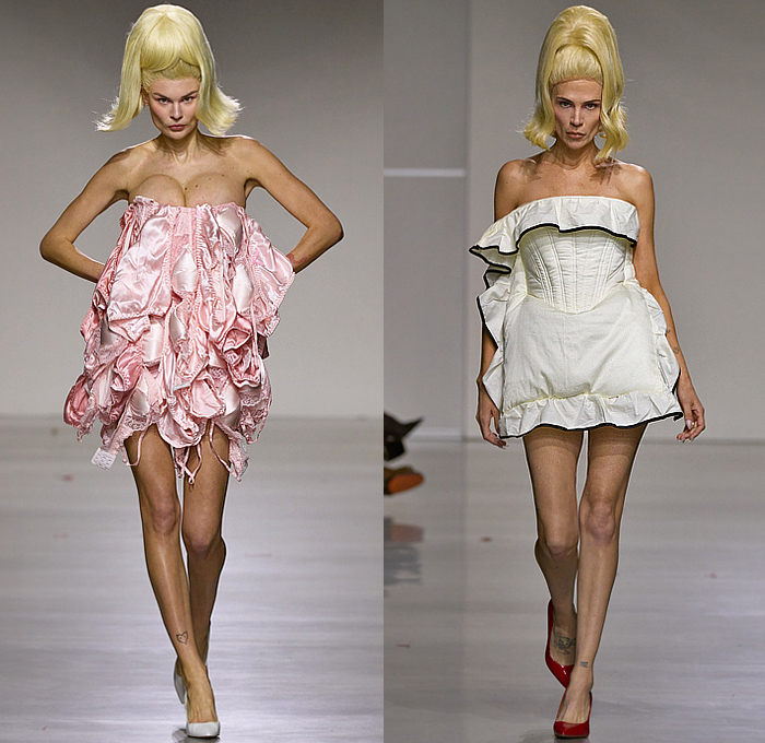 Christian Cowan 2025-2026 Fall Autumn Winter Womens Runway Collection - New York Fashion Week NYFW -  Strapless Dress Lingerie Intimates Sleepwear Panties Gum Bras Pillow Polka Dots Spots Sketches Blazer Jacket Shorts Culottes Pumps Heels Metallic Bralette Lace Embroidery Leather Fur Poufy Puff Ball Balloon Sleeves Sculpture Holes Leaves Cape Sheer Tulle Ostrich Feathers Vintage Hairdo Retro Bun