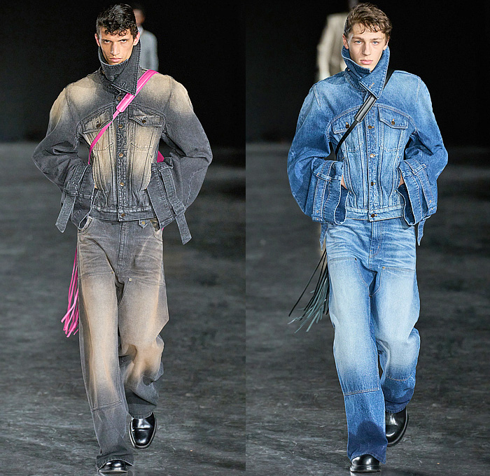 EGONlab 2025-2026 Fall Autumn Winter Mens Runway - Paris Fashion Week Mens Homme Automne Hiver - S4LEM - Denim Jeans Wide Sleeves Strap Threaded Knit Plush Sweater Jumper Zipper Blazer Holes Grommets Fringes Tank Top Outerwear Coat Turtleneck Leather Rustic Trackwear Track Jacket Double Collar Quilted Puffer Baggy Loose Cargo Pants Scarfpants Deconstructed Hybrid Onesie Handbag