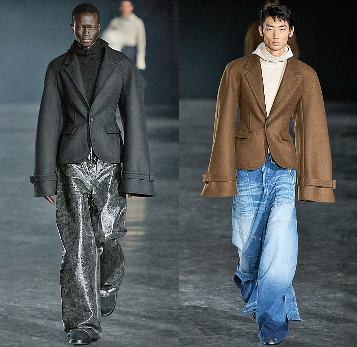 EGONlab 2025-2026 Fall Autumn Winter Mens Runway - Paris Fashion Week Mens Homme Automne Hiver - S4LEM - Denim Jeans Wide Sleeves Strap Threaded Knit Plush Sweater Jumper Zipper Blazer Holes Grommets Fringes Tank Top Outerwear Coat Turtleneck Leather Rustic Trackwear Track Jacket Double Collar Quilted Puffer Baggy Loose Cargo Pants Scarfpants Deconstructed Hybrid Onesie Handbag