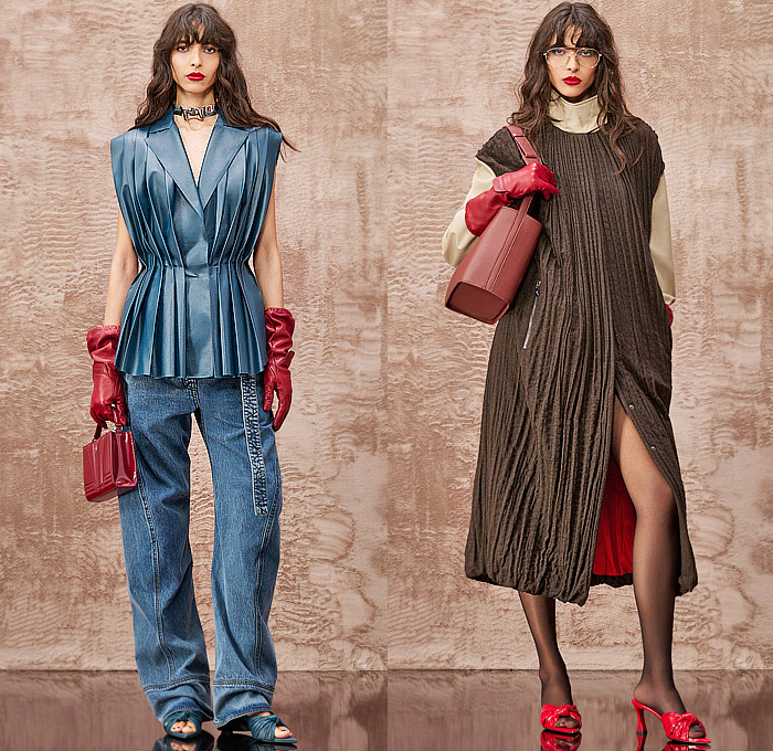 Ferrari 2025 Pre-Fall Autumn Womens Lookbook - Denim Jeans Shirtdress Blazer Accordion Pleats Miniskirt Outerwear Faded Check Plaid Oversized Pockets Utility Flap Pockets Flaps Bomber Jacket Vest Caftan Kaftan Slouchy Midi Skirt Hoodie Sweatshirt Suede Pantsuit Fur Geometric Cargo Pants Twist Cinch Tied Crop Top Midriff Dress Knit One Shoulder Corduroy Wide Leg Gloves Handbag Pumps