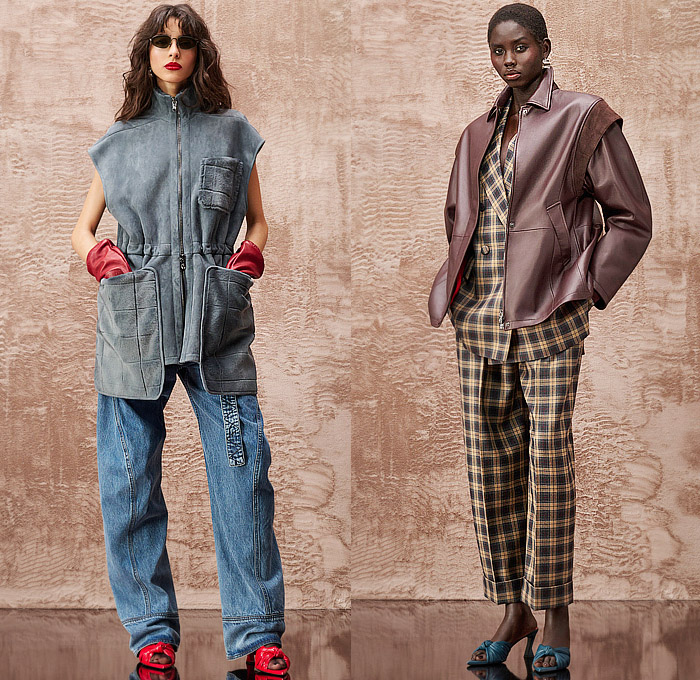 Ferrari 2025 Pre-Fall Autumn Womens Lookbook - Denim Jeans Shirtdress Blazer Accordion Pleats Miniskirt Outerwear Faded Check Plaid Oversized Pockets Utility Flap Pockets Flaps Bomber Jacket Vest Caftan Kaftan Slouchy Midi Skirt Hoodie Sweatshirt Suede Pantsuit Fur Geometric Cargo Pants Twist Cinch Tied Crop Top Midriff Dress Knit One Shoulder Corduroy Wide Leg Gloves Handbag Pumps