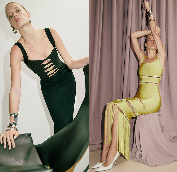 Hervé Léger 2025 Pre-Fall Autumn Womens Lookbook - Bandage Dress Strapless Open Shoulders Ridges Ribbed Bodycon Body Contour Cinch Pleats Stripes Petal Hem Knit Mesh Sheer Tulle Metal Button Ties Fringes Gown Eveningwear Tied Wrap Draped One Shoulder Pumps