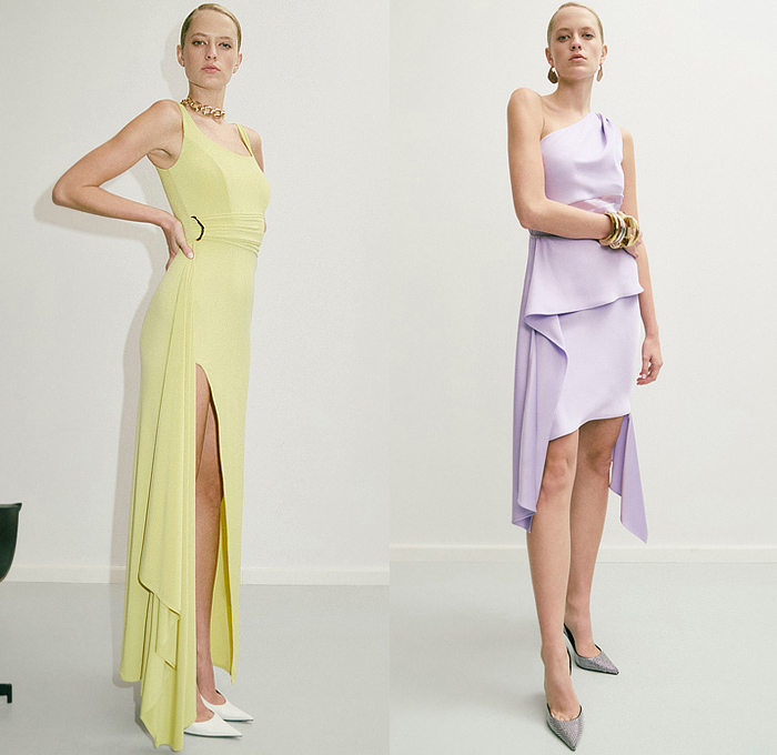 Hervé Léger 2025 Pre-Fall Autumn Womens Lookbook - Bandage Dress Strapless Open Shoulders Ridges Ribbed Bodycon Body Contour Cinch Pleats Stripes Petal Hem Knit Mesh Sheer Tulle Metal Button Ties Fringes Gown Eveningwear Tied Wrap Draped One Shoulder Pumps