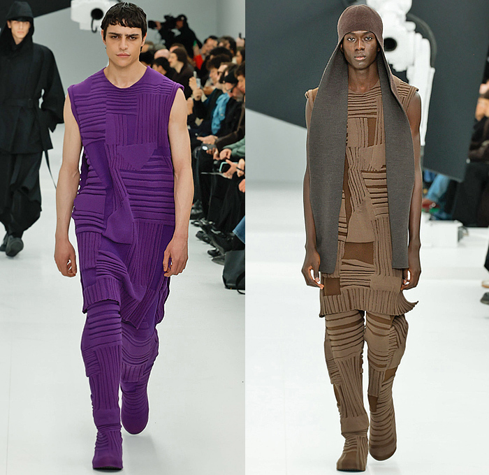 IM Men Issey Miyake 2025-2026 Fall Autumn Winter Mens Runway - Paris Fashion Week Mens Homme Automne Hiver - Tank Top Ribbed Embossed Engraved Caftan Kaftan Headscarf Draped Knit Check Shawl Fringes Turtleneck Poncho Robe Cloak Oversized Pleats Blazer Jacket Square Neck Metallic Triangular Outerwear Trench Coat Parka Quilted Puffer Hood Wide Leg Baggy Loose Tapered Wrapped Boots Handbag