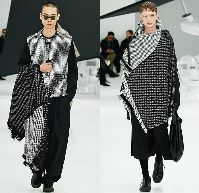 IM Men Issey Miyake 2025-2026 Fall Autumn Winter Mens Runway - Paris Fashion Week Mens Homme Automne Hiver - Tank Top Ribbed Embossed Engraved Caftan Kaftan Headscarf Draped Knit Check Shawl Fringes Turtleneck Poncho Robe Cloak Oversized Pleats Blazer Jacket Square Neck Metallic Triangular Outerwear Trench Coat Parka Quilted Puffer Hood Wide Leg Baggy Loose Tapered Wrapped Boots Handbag