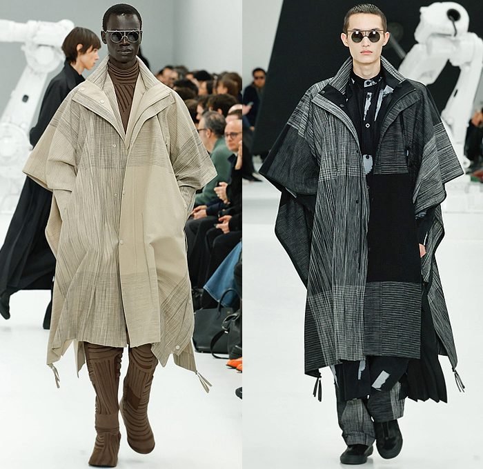 IM Men Issey Miyake 2025-2026 Fall Autumn Winter Mens Runway - Paris Fashion Week Mens Homme Automne Hiver - Tank Top Ribbed Embossed Engraved Caftan Kaftan Headscarf Draped Knit Check Shawl Fringes Turtleneck Poncho Robe Cloak Oversized Pleats Blazer Jacket Square Neck Metallic Triangular Outerwear Trench Coat Parka Quilted Puffer Hood Wide Leg Baggy Loose Tapered Wrapped Boots Handbag