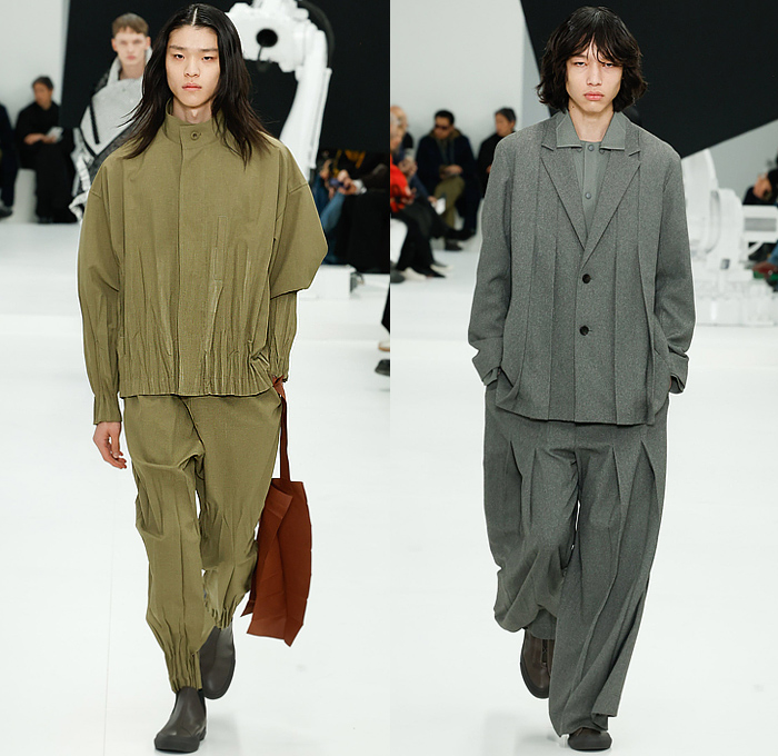 IM Men Issey Miyake 2025-2026 Fall Autumn Winter Mens Runway - Paris Fashion Week Mens Homme Automne Hiver - Tank Top Ribbed Embossed Engraved Caftan Kaftan Headscarf Draped Knit Check Shawl Fringes Turtleneck Poncho Robe Cloak Oversized Pleats Blazer Jacket Square Neck Metallic Triangular Outerwear Trench Coat Parka Quilted Puffer Hood Wide Leg Baggy Loose Tapered Wrapped Boots Handbag