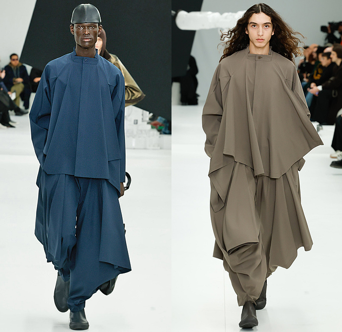 IM Men Issey Miyake 2025-2026 Fall Autumn Winter Mens Runway - Paris Fashion Week Mens Homme Automne Hiver - Tank Top Ribbed Embossed Engraved Caftan Kaftan Headscarf Draped Knit Check Shawl Fringes Turtleneck Poncho Robe Cloak Oversized Pleats Blazer Jacket Square Neck Metallic Triangular Outerwear Trench Coat Parka Quilted Puffer Hood Wide Leg Baggy Loose Tapered Wrapped Boots Handbag