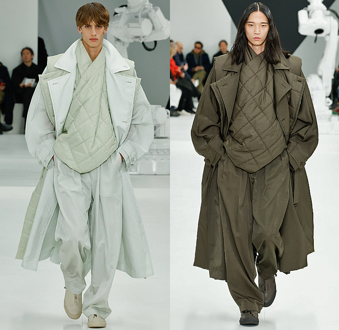 IM Men Issey Miyake 2025-2026 Fall Autumn Winter Mens Runway - Paris Fashion Week Mens Homme Automne Hiver - Tank Top Ribbed Embossed Engraved Caftan Kaftan Headscarf Draped Knit Check Shawl Fringes Turtleneck Poncho Robe Cloak Oversized Pleats Blazer Jacket Square Neck Metallic Triangular Outerwear Trench Coat Parka Quilted Puffer Hood Wide Leg Baggy Loose Tapered Wrapped Boots Handbag