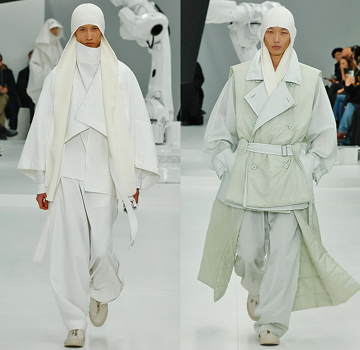 IM Men Issey Miyake 2025-2026 Fall Autumn Winter Mens Runway - Paris Fashion Week Mens Homme Automne Hiver - Tank Top Ribbed Embossed Engraved Caftan Kaftan Headscarf Draped Knit Check Shawl Fringes Turtleneck Poncho Robe Cloak Oversized Pleats Blazer Jacket Square Neck Metallic Triangular Outerwear Trench Coat Parka Quilted Puffer Hood Wide Leg Baggy Loose Tapered Wrapped Boots Handbag