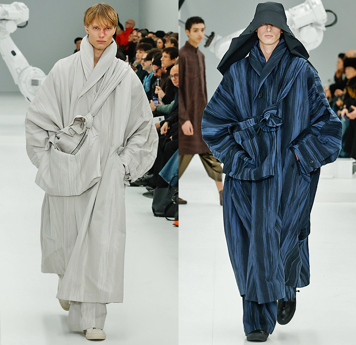 IM Men Issey Miyake 2025-2026 Fall Autumn Winter Mens Runway - Paris Fashion Week Mens Homme Automne Hiver - Tank Top Ribbed Embossed Engraved Caftan Kaftan Headscarf Draped Knit Check Shawl Fringes Turtleneck Poncho Robe Cloak Oversized Pleats Blazer Jacket Square Neck Metallic Triangular Outerwear Trench Coat Parka Quilted Puffer Hood Wide Leg Baggy Loose Tapered Wrapped Boots Handbag