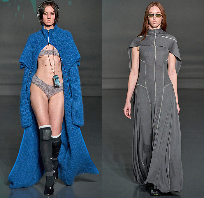 Jane Wade 2025-2026 Fall Autumn Winter Womens Runway Collection - New York Fashion Week NYFW - The Merger - Corporate Office Look Knit Cape Sweater Crop Top Midriff Bikini Deconstructed Skirt Mesh Holes Hood Snap Buttons Military Jacket Boxy Shoulders Turtleneck Oversized Pockets Cargo Pants Wide Leg Baggy Metal Trinkets Corset Tearaway Dress Asymmetrical Blouse Pinstripe Shirtdress Blazer Pantsuit Coat Slit Fringes Knee High Socks Boots Belt Bag Pouch Opera Gloves