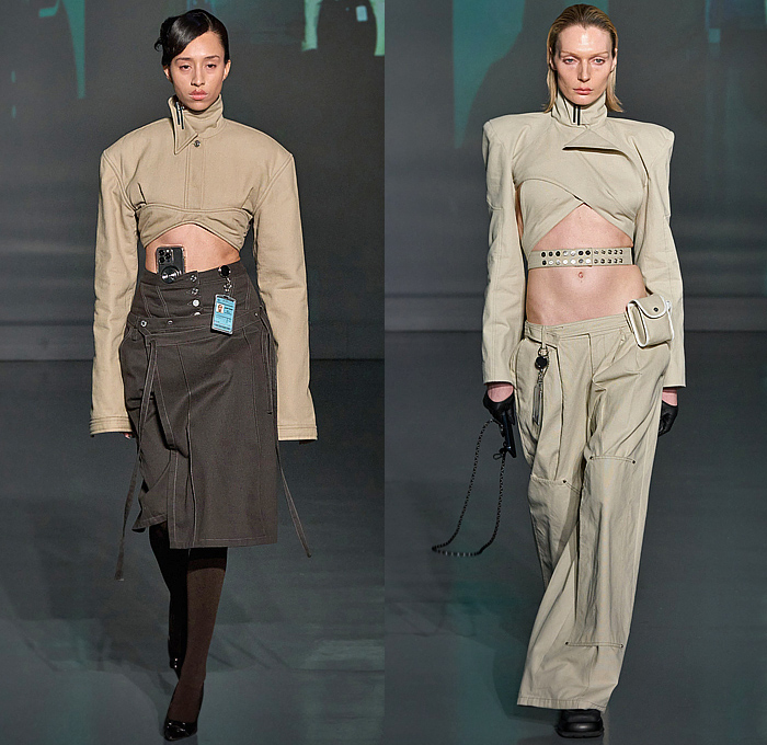 Jane Wade 2025-2026 Fall Autumn Winter Womens Runway Collection - New York Fashion Week NYFW - The Merger - Corporate Office Look Knit Cape Sweater Crop Top Midriff Bikini Deconstructed Skirt Mesh Holes Hood Snap Buttons Military Jacket Boxy Shoulders Turtleneck Oversized Pockets Cargo Pants Wide Leg Baggy Metal Trinkets Corset Tearaway Dress Asymmetrical Blouse Pinstripe Shirtdress Blazer Pantsuit Coat Slit Fringes Knee High Socks Boots Belt Bag Pouch Opera Gloves