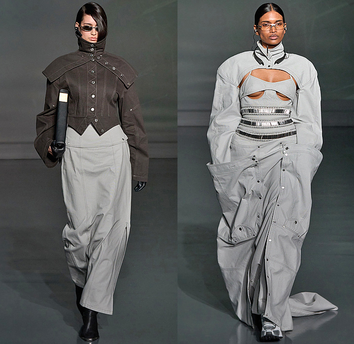 Jane Wade 2025-2026 Fall Autumn Winter Womens Runway Collection - New York Fashion Week NYFW - The Merger - Corporate Office Look Knit Cape Sweater Crop Top Midriff Bikini Deconstructed Skirt Mesh Holes Hood Snap Buttons Military Jacket Boxy Shoulders Turtleneck Oversized Pockets Cargo Pants Wide Leg Baggy Metal Trinkets Corset Tearaway Dress Asymmetrical Blouse Pinstripe Shirtdress Blazer Pantsuit Coat Slit Fringes Knee High Socks Boots Belt Bag Pouch Opera Gloves