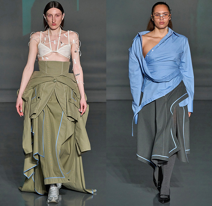 Jane Wade 2025-2026 Fall Autumn Winter Womens Runway Collection - New York Fashion Week NYFW - The Merger - Corporate Office Look Knit Cape Sweater Crop Top Midriff Bikini Deconstructed Skirt Mesh Holes Hood Snap Buttons Military Jacket Boxy Shoulders Turtleneck Oversized Pockets Cargo Pants Wide Leg Baggy Metal Trinkets Corset Tearaway Dress Asymmetrical Blouse Pinstripe Shirtdress Blazer Pantsuit Coat Slit Fringes Knee High Socks Boots Belt Bag Pouch Opera Gloves