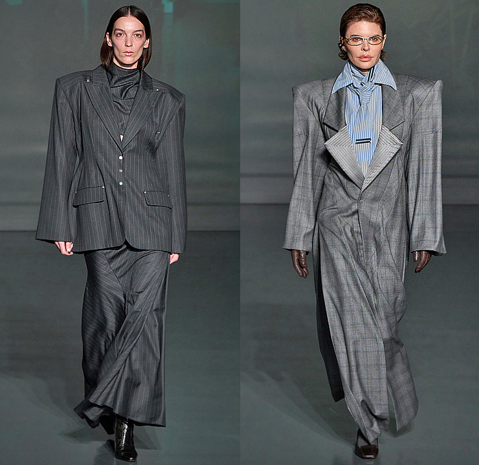 Jane Wade 2025-2026 Fall Autumn Winter Womens Runway Collection - New York Fashion Week NYFW - The Merger - Corporate Office Look Knit Cape Sweater Crop Top Midriff Bikini Deconstructed Skirt Mesh Holes Hood Snap Buttons Military Jacket Boxy Shoulders Turtleneck Oversized Pockets Cargo Pants Wide Leg Baggy Metal Trinkets Corset Tearaway Dress Asymmetrical Blouse Pinstripe Shirtdress Blazer Pantsuit Coat Slit Fringes Knee High Socks Boots Belt Bag Pouch Opera Gloves