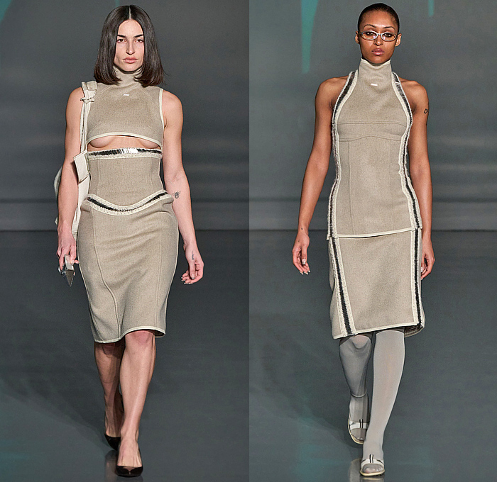 Jane Wade 2025-2026 Fall Autumn Winter Womens Runway Collection - New York Fashion Week NYFW - The Merger - Corporate Office Look Knit Cape Sweater Crop Top Midriff Bikini Deconstructed Skirt Mesh Holes Hood Snap Buttons Military Jacket Boxy Shoulders Turtleneck Oversized Pockets Cargo Pants Wide Leg Baggy Metal Trinkets Corset Tearaway Dress Asymmetrical Blouse Pinstripe Shirtdress Blazer Pantsuit Coat Slit Fringes Knee High Socks Boots Belt Bag Pouch Opera Gloves