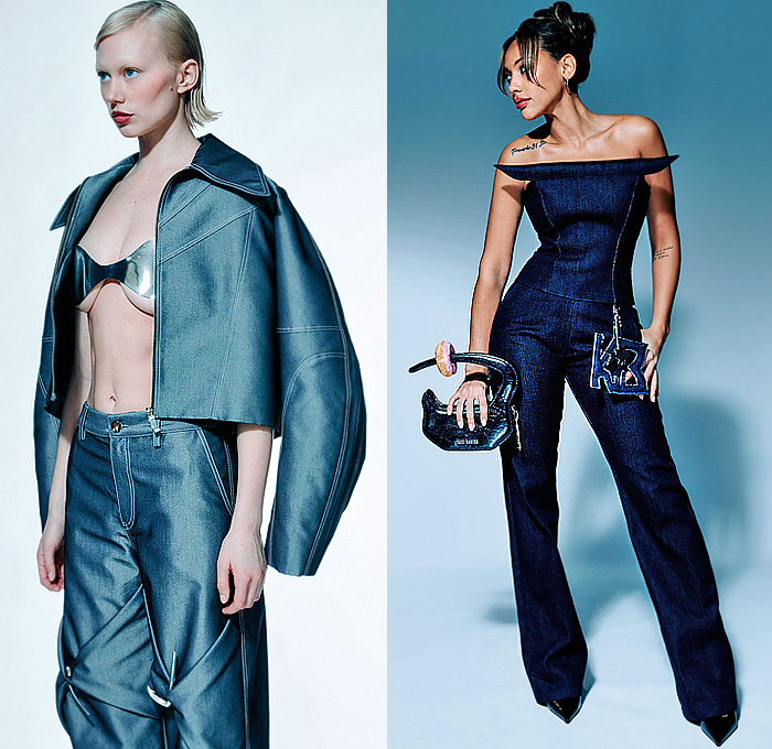 Kate Barton 2025-2026 Fall Autumn Winter Womens Lookbook - New York Fashion Week NYFW - Pierced Fish Hook Spear Sharp Blade Silver Chrome Metal Sculpture Crop Top Midriff Long Sleve Blouse Denim Jeans Strapless Folded Pinstripe Wide Sleeves Oversized Collar Racer Patchwork Pencil Skirt Miniskirt Strapless Dress Liquid Draping Gown Tights Stockings Sheer Silk Satin Leather Bulb Skirt Bedazzled Sequins Goldfish Fishbowl Handbag