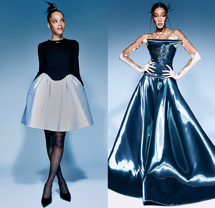 Kate Barton 2025-2026 Fall Autumn Winter Womens Lookbook - New York Fashion Week NYFW - Pierced Fish Hook Spear Sharp Blade Silver Chrome Metal Sculpture Crop Top Midriff Long Sleve Blouse Denim Jeans Strapless Folded Pinstripe Wide Sleeves Oversized Collar Racer Patchwork Pencil Skirt Miniskirt Strapless Dress Liquid Draping Gown Tights Stockings Sheer Silk Satin Leather Bulb Skirt Bedazzled Sequins Goldfish Fishbowl Handbag