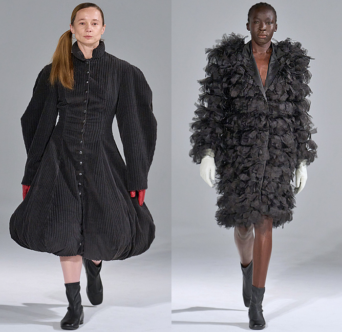 Nicklas Skovgaard 2025-2026 Fall Autumn Winter Womens Runway Looks - Copenhagen Fashion Week CPHFW Denmark - Nineties 1990s Outerwear Coat Jacket Boxy Shoulders Corduroy Draped Ring Loop Map Maxi Dress Pleats V Chunky Knit Sweater Wide Sleeves Sheer Tulle Frayed Raw Hem Fringes Adorned Poufy Puff Bubble Skirt Sculpted Asymmetrical Patchwork Tiered Ecco Boots Gloves