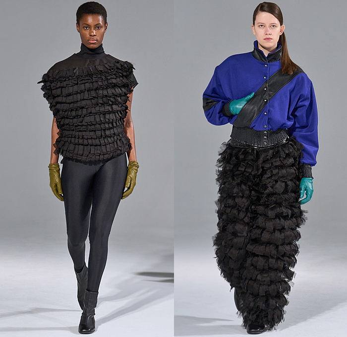 Nicklas Skovgaard 2025-2026 Fall Autumn Winter Womens Runway Looks - Copenhagen Fashion Week CPHFW Denmark - Nineties 1990s Outerwear Coat Jacket Boxy Shoulders Corduroy Draped Ring Loop Map Maxi Dress Pleats V Chunky Knit Sweater Wide Sleeves Sheer Tulle Frayed Raw Hem Fringes Adorned Poufy Puff Bubble Skirt Sculpted Asymmetrical Patchwork Tiered Ecco Boots Gloves