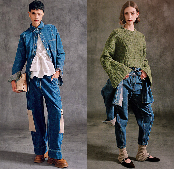 3.1 Phillip Lim 2025-2026 Fall Autumn Winter Womens Lookbook - New York Fashion Week NYFW - Denim Jeans Blouse Patchwork Panels Pockets Bow Knot Tied Knit Cardigan Sweater Jumper Bell Sleeves Outerwear Trench Coat Plaid Tartan Check Fleece Quilted Accordion Pleats Midi Skirt Vest Dress Bedazzled Sequins Fringes Flowers Floral Cargo Pants Wide Leg Tapered Shorts Opera Gloves Leg Warmers Jogger Sweatpants Sheer Tulle Handbag Kitten Heels Boots Flats