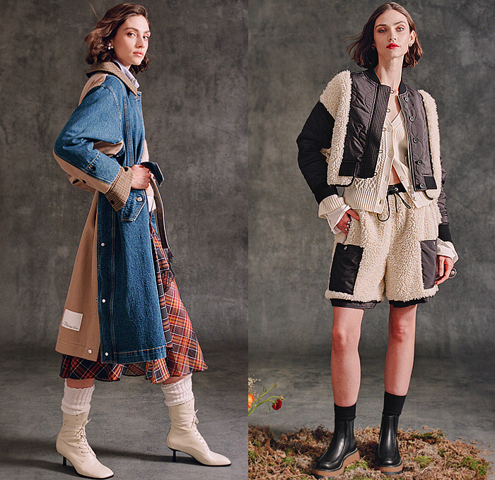 3.1 Phillip Lim 2025-2026 Fall Autumn Winter Womens Lookbook - New York Fashion Week NYFW - Denim Jeans Blouse Patchwork Panels Pockets Bow Knot Tied Knit Cardigan Sweater Jumper Bell Sleeves Outerwear Trench Coat Plaid Tartan Check Fleece Quilted Accordion Pleats Midi Skirt Vest Dress Bedazzled Sequins Fringes Flowers Floral Cargo Pants Wide Leg Tapered Shorts Opera Gloves Leg Warmers Jogger Sweatpants Sheer Tulle Handbag Kitten Heels Boots Flats