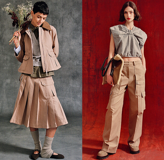 3.1 Phillip Lim 2025-2026 Fall Autumn Winter Womens Lookbook - New York Fashion Week NYFW - Denim Jeans Blouse Patchwork Panels Pockets Bow Knot Tied Knit Cardigan Sweater Jumper Bell Sleeves Outerwear Trench Coat Plaid Tartan Check Fleece Quilted Accordion Pleats Midi Skirt Vest Dress Bedazzled Sequins Fringes Flowers Floral Cargo Pants Wide Leg Tapered Shorts Opera Gloves Leg Warmers Jogger Sweatpants Sheer Tulle Handbag Kitten Heels Boots Flats