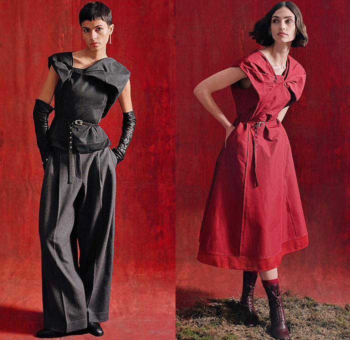 3.1 Phillip Lim 2025-2026 Fall Autumn Winter Womens Lookbook - New York Fashion Week NYFW - Denim Jeans Blouse Patchwork Panels Pockets Bow Knot Tied Knit Cardigan Sweater Jumper Bell Sleeves Outerwear Trench Coat Plaid Tartan Check Fleece Quilted Accordion Pleats Midi Skirt Vest Dress Bedazzled Sequins Fringes Flowers Floral Cargo Pants Wide Leg Tapered Shorts Opera Gloves Leg Warmers Jogger Sweatpants Sheer Tulle Handbag Kitten Heels Boots Flats