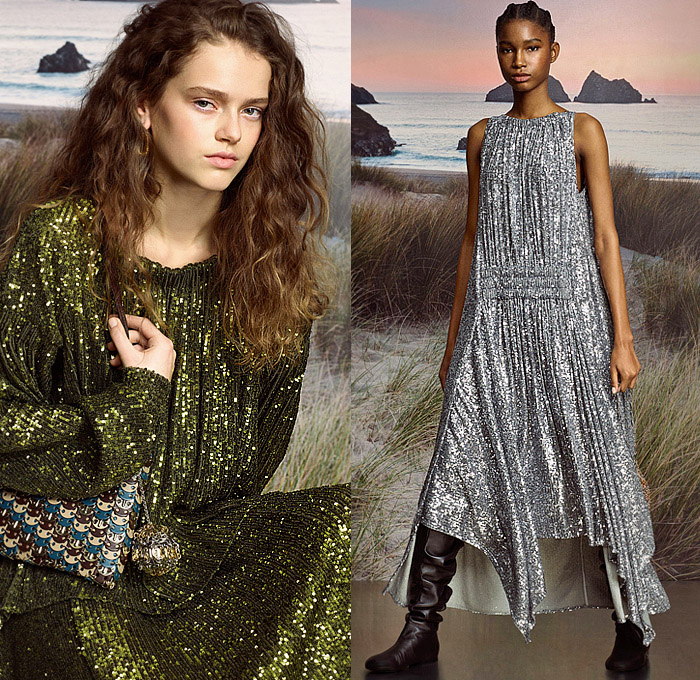 Rabanne 2025 Pre-Fall Autumn Womens Lookbook - Bedazzled Sequins Metal Wood Pellets Trinkets Grommets Crystals Studs Chain Embroidery Lace Sheer Tulle Dress Sheer Cutout Fringes Metallic Crop Top Midriff Knit Tweed Cardigan Sweater Blouse Miniskirt Paisley Sailboat Boat Flying Fish Trees Dress Wide Lapel Capelet Shorts Stripes Silk Satin Gown Denim Jeans Check Anorak Jacket Nautical Coat Handbag Bucket Hat