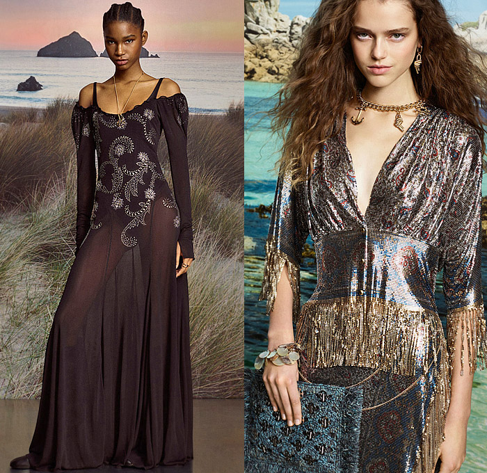 Rabanne 2025 Pre-Fall Autumn Womens Lookbook - Bedazzled Sequins Metal Wood Pellets Trinkets Grommets Crystals Studs Chain Embroidery Lace Sheer Tulle Dress Sheer Cutout Fringes Metallic Crop Top Midriff Knit Tweed Cardigan Sweater Blouse Miniskirt Paisley Sailboat Boat Flying Fish Trees Dress Wide Lapel Capelet Shorts Stripes Silk Satin Gown Denim Jeans Check Anorak Jacket Nautical Coat Handbag Bucket Hat