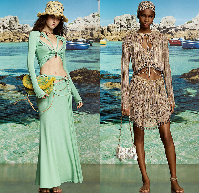 Rabanne 2025 Pre-Fall Autumn Womens Lookbook - Bedazzled Sequins Metal Wood Pellets Trinkets Grommets Crystals Studs Chain Embroidery Lace Sheer Tulle Dress Sheer Cutout Fringes Metallic Crop Top Midriff Knit Tweed Cardigan Sweater Blouse Miniskirt Paisley Sailboat Boat Flying Fish Trees Dress Wide Lapel Capelet Shorts Stripes Silk Satin Gown Denim Jeans Check Anorak Jacket Nautical Coat Handbag Bucket Hat