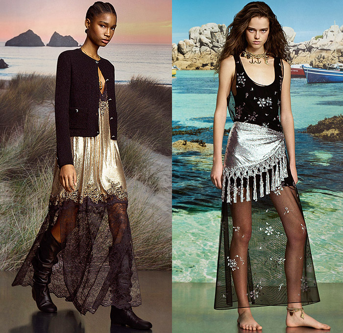 Rabanne 2025 Pre-Fall Autumn Womens Lookbook - Bedazzled Sequins Metal Wood Pellets Trinkets Grommets Crystals Studs Chain Embroidery Lace Sheer Tulle Dress Sheer Cutout Fringes Metallic Crop Top Midriff Knit Tweed Cardigan Sweater Blouse Miniskirt Paisley Sailboat Boat Flying Fish Trees Dress Wide Lapel Capelet Shorts Stripes Silk Satin Gown Denim Jeans Check Anorak Jacket Nautical Coat Handbag Bucket Hat