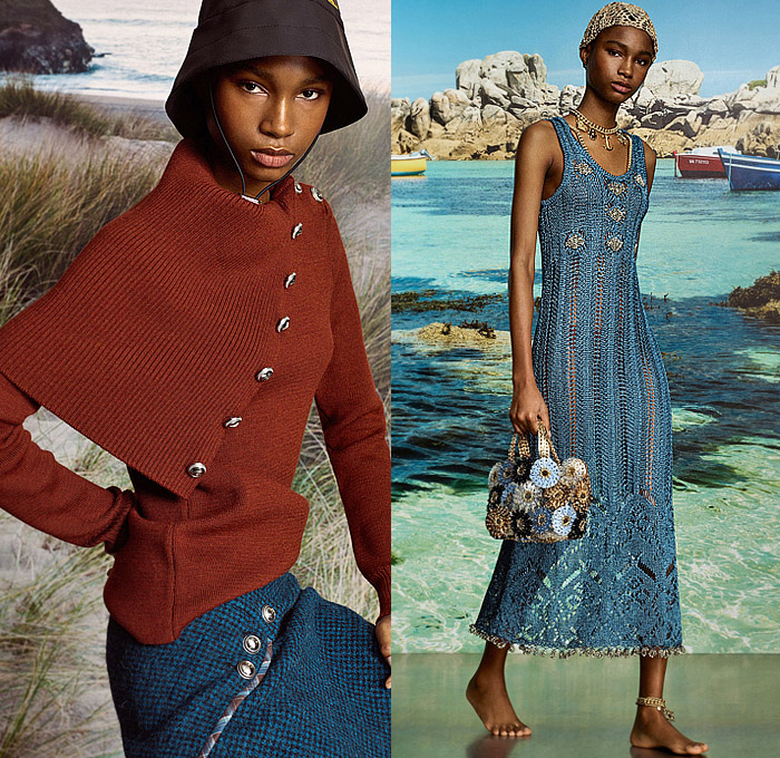 Rabanne 2025 Pre-Fall Autumn Womens Lookbook - Bedazzled Sequins Metal Wood Pellets Trinkets Grommets Crystals Studs Chain Embroidery Lace Sheer Tulle Dress Sheer Cutout Fringes Metallic Crop Top Midriff Knit Tweed Cardigan Sweater Blouse Miniskirt Paisley Sailboat Boat Flying Fish Trees Dress Wide Lapel Capelet Shorts Stripes Silk Satin Gown Denim Jeans Check Anorak Jacket Nautical Coat Handbag Bucket Hat