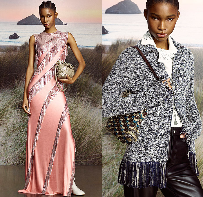 Rabanne 2025 Pre-Fall Autumn Womens Lookbook - Bedazzled Sequins Metal Wood Pellets Trinkets Grommets Crystals Studs Chain Embroidery Lace Sheer Tulle Dress Sheer Cutout Fringes Metallic Crop Top Midriff Knit Tweed Cardigan Sweater Blouse Miniskirt Paisley Sailboat Boat Flying Fish Trees Dress Wide Lapel Capelet Shorts Stripes Silk Satin Gown Denim Jeans Check Anorak Jacket Nautical Coat Handbag Bucket Hat