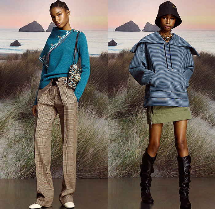 Rabanne 2025 Pre-Fall Autumn Womens Lookbook - Bedazzled Sequins Metal Wood Pellets Trinkets Grommets Crystals Studs Chain Embroidery Lace Sheer Tulle Dress Sheer Cutout Fringes Metallic Crop Top Midriff Knit Tweed Cardigan Sweater Blouse Miniskirt Paisley Sailboat Boat Flying Fish Trees Dress Wide Lapel Capelet Shorts Stripes Silk Satin Gown Denim Jeans Check Anorak Jacket Nautical Coat Handbag Bucket Hat