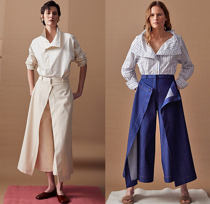 palmer//harding 2025 Pre-Fall Autumn Womens Lookbook - Deconstructed Ecru Denim Fil Coupé Jeans Long Sleeve Shirt Blouse Skirtpants Wide Leg Palazzo Pants Red Stripes Wide Lapel Shirtdress Caftan Kaftan Jacket Lightweight Dress Cinch Drawstring Oversized Cape Draped