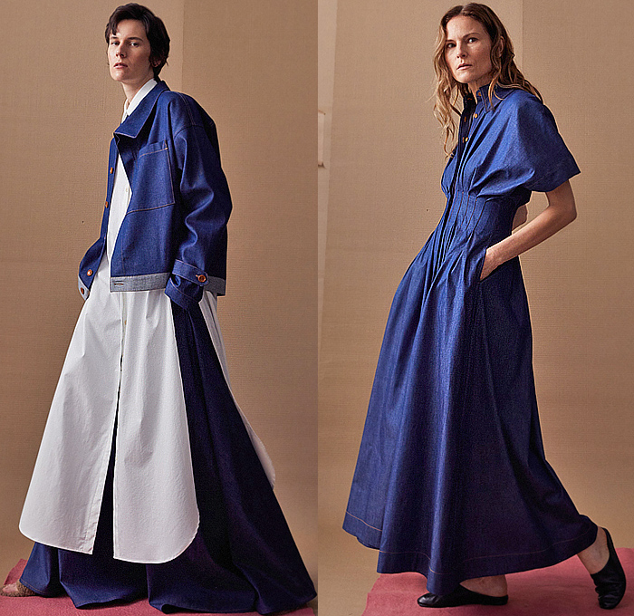 palmer//harding 2025 Pre-Fall Autumn Womens Lookbook - Deconstructed Ecru Denim Fil Coupé Jeans Long Sleeve Shirt Blouse Skirtpants Wide Leg Palazzo Pants Red Stripes Wide Lapel Shirtdress Caftan Kaftan Jacket Lightweight Dress Cinch Drawstring Oversized Cape Draped