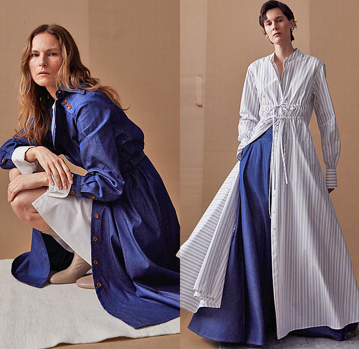 palmer//harding 2025 Pre-Fall Autumn Womens Lookbook - Deconstructed Ecru Denim Fil Coupé Jeans Long Sleeve Shirt Blouse Skirtpants Wide Leg Palazzo Pants Red Stripes Wide Lapel Shirtdress Caftan Kaftan Jacket Lightweight Dress Cinch Drawstring Oversized Cape Draped