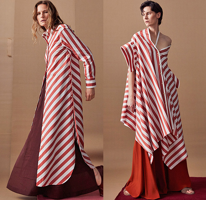 palmer//harding 2025 Pre-Fall Autumn Womens Lookbook - Deconstructed Ecru Denim Fil Coupé Jeans Long Sleeve Shirt Blouse Skirtpants Wide Leg Palazzo Pants Red Stripes Wide Lapel Shirtdress Caftan Kaftan Jacket Lightweight Dress Cinch Drawstring Oversized Cape Draped