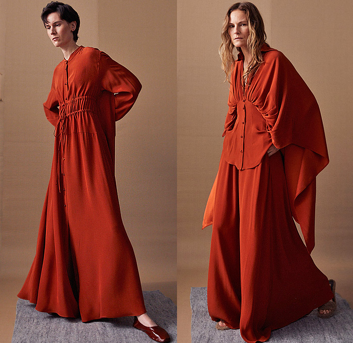 palmer//harding 2025 Pre-Fall Autumn Womens Lookbook - Deconstructed Ecru Denim Fil Coupé Jeans Long Sleeve Shirt Blouse Skirtpants Wide Leg Palazzo Pants Red Stripes Wide Lapel Shirtdress Caftan Kaftan Jacket Lightweight Dress Cinch Drawstring Oversized Cape Draped