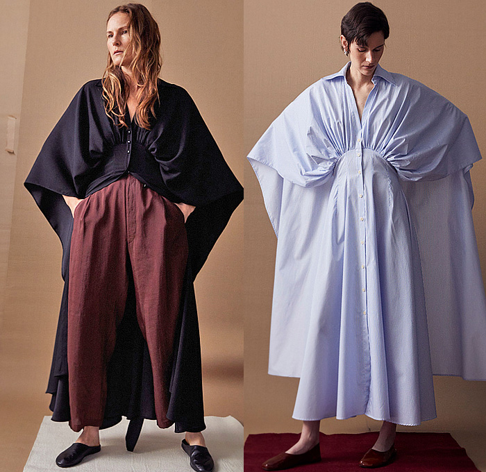 palmer//harding 2025 Pre-Fall Autumn Womens Lookbook - Deconstructed Ecru Denim Fil Coupé Jeans Long Sleeve Shirt Blouse Skirtpants Wide Leg Palazzo Pants Red Stripes Wide Lapel Shirtdress Caftan Kaftan Jacket Lightweight Dress Cinch Drawstring Oversized Cape Draped