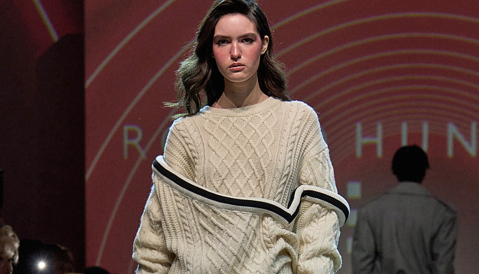 Romeo Hunte 2025-2026 Fall Autumn Winter Womens Runway Collection - New York Fashion Week NYFW - Denim Jeans Blazer Blouse Frayed Raw Hem Deconstructed Extra Waistband Knit Sweater Jumper Hoodie Sweatshirt Outerwear Coat Trench Jacket Paper Bag Waist Bow Pinstripe Tights Stockings Patchwork Leather Blazerdress Miniskirt Bedazzled Metal Teardrops Romper Combishorts Zebra Stripes Fur Plush Hotpants Cowgirl Cowboy Boots