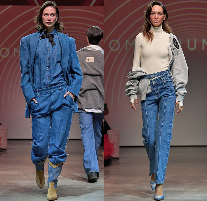 Romeo Hunte 2025-2026 Fall Autumn Winter Womens Runway Collection - New York Fashion Week NYFW - Denim Jeans Blazer Blouse Frayed Raw Hem Deconstructed Extra Waistband Knit Sweater Jumper Hoodie Sweatshirt Outerwear Coat Trench Jacket Paper Bag Waist Bow Pinstripe Tights Stockings Patchwork Leather Blazerdress Miniskirt Bedazzled Metal Teardrops Romper Combishorts Zebra Stripes Fur Plush Hotpants Cowgirl Cowboy Boots