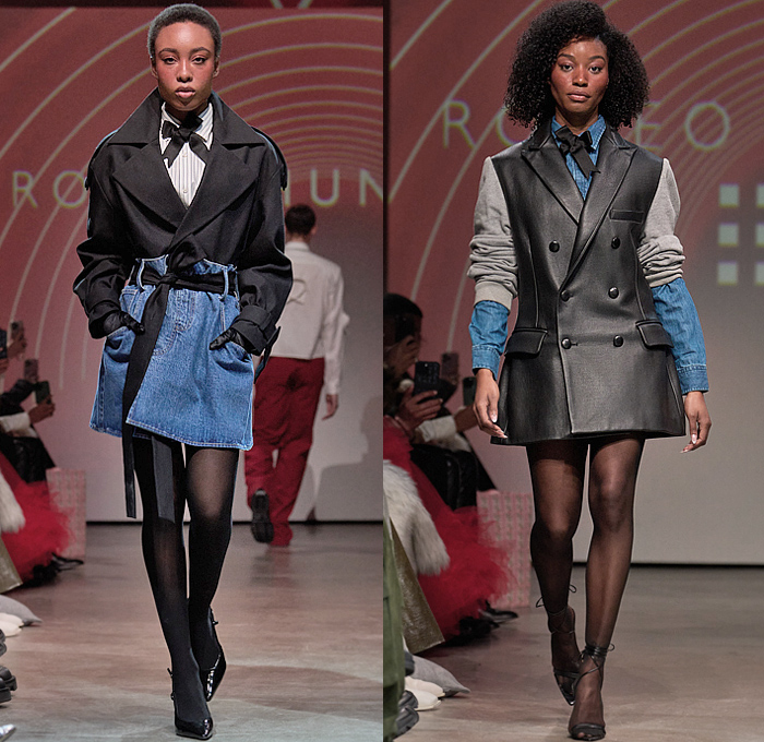 Romeo Hunte 2025-2026 Fall Autumn Winter Womens Runway Collection - New York Fashion Week NYFW - Denim Jeans Blazer Blouse Frayed Raw Hem Deconstructed Extra Waistband Knit Sweater Jumper Hoodie Sweatshirt Outerwear Coat Trench Jacket Paper Bag Waist Bow Pinstripe Tights Stockings Patchwork Leather Blazerdress Miniskirt Bedazzled Metal Teardrops Romper Combishorts Zebra Stripes Fur Plush Hotpants Cowgirl Cowboy Boots