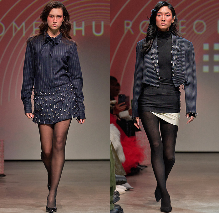 Romeo Hunte 2025-2026 Fall Autumn Winter Womens Runway Collection - New York Fashion Week NYFW - Denim Jeans Blazer Blouse Frayed Raw Hem Deconstructed Extra Waistband Knit Sweater Jumper Hoodie Sweatshirt Outerwear Coat Trench Jacket Paper Bag Waist Bow Pinstripe Tights Stockings Patchwork Leather Blazerdress Miniskirt Bedazzled Metal Teardrops Romper Combishorts Zebra Stripes Fur Plush Hotpants Cowgirl Cowboy Boots
