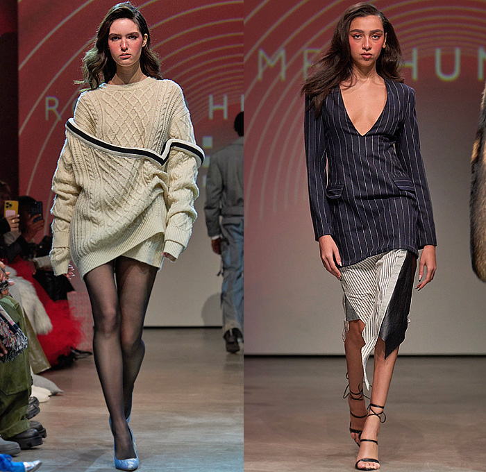 Romeo Hunte 2025-2026 Fall Autumn Winter Womens Runway Collection - New York Fashion Week NYFW - Denim Jeans Blazer Blouse Frayed Raw Hem Deconstructed Extra Waistband Knit Sweater Jumper Hoodie Sweatshirt Outerwear Coat Trench Jacket Paper Bag Waist Bow Pinstripe Tights Stockings Patchwork Leather Blazerdress Miniskirt Bedazzled Metal Teardrops Romper Combishorts Zebra Stripes Fur Plush Hotpants Cowgirl Cowboy Boots